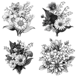 **illustrative bouquet of flowers featuring violet (February), marigold (October), daisy (April), and lily of the valley (May), arranged together in a balanced composition, black and white vector line art, no shading, no cross hatching, bold clean outlines, detailed petals and stems, symmetrical floral engraving style, perfect for leather engraving, high contrast, centered design, plain background, vintage botanical engraving aesthetic** - <@997745600730763295> (fast)