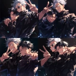 **Still taken shot from anime episode - Levi Ackerman from Attack on Titan and Satoru Gojo from Jujutsu Kaisen. Gojo has white hair, his arm around Levi's shoulder and is posing with a big smile and making a peace sign, Levi has black hair, has his arms crossed and looks slightly annoyed against a black background with sparkles in the art style of attack on titan anime. Friendship-style pose, Anime TV art style, attack on titan, jujutsu Kaisen. Uniform details, beautiful lighting, anime art, manga --niji 6** - Variations (Strong) by <@774763495555072010> (fast)
