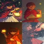 **waifu red riding hood holds a lantern alight with mycelium derived foxfire in the night. --chaos 20 --ar 3:4 --style raw --profile erwunwe --stylize 600 --weird 1200 --niji 6** - <@756243991992991804> (fast)