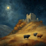 **scottish motte-and-bailey Castle on a hill with 4 highland cattle , moonless night with shining stars in autum** - Image #2 <@687598645855649848>