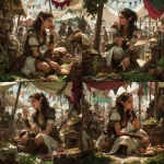 **a dark-haired female elf cleric of life, dresses like a rustic rural hippie, out eating food from food-carts in a fesitval, joyous carnival atmosphere, D&D fantasy art magazine cover** - Variations (Strong) by <@1174469651695144981> (fast)