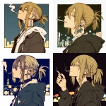 **A stylish anime boy with a two-block undercut hairstyle. The side and back are shaved, while the top is tied in a small bun. His hair is mostly black, but his bangs are blonde. He has multiple piercings on his ear, a cool and calm expression, and a cigarette in his mouth. He’s wearing a black oversized jacket over a white shirt, accessorized with layered necklaces. The background is a softly blurred city night with glowing bokeh lights. gentle feeling. cozy --aspect 1:1 --niji 6 --personalize dcalzgc --stylize 777** - <@1211866223701401620> (fast, stealth)