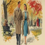 **vintage illustration of an american couple in love, walking hand-in-hand through the park on a fall day with colorful leaves falling around them. the man is wearing an overcoat and black shoes, while the woman wears a long coat with a blue top underneath it and a hat. they both have happy expressions. in the background, there are people sitting on benches and trees with autumn foliage. --ar 64:35 --v 7.0** - Image #3 <@1142201622697623682>
