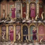 **Blond woman on the set of 80s-style game show, stage left, holding a microphone, with three human sized snakes standing in front of doors marked 1, 2, and 3 --v 7.0** - Variations (Strong) by <@820024234734518302> (fast)