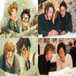 **two male designers discussing a style guide in the style of quentin blake. one of the designers is white, english with really tight, curly light brown hair, the other designer is asian with dark brown hair and glasses. --chaos 5 --stylize 150 --ar 8:5** - <@409716268476923920> (fast)