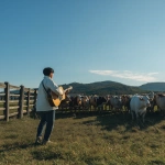 **back view of a man singing and playing acoustic guitar at a natural countryside dairy farm in Daegwallyeong, cows gathered in front of him watching, a low wooden fence separating the man and the cows, the man positioned on the left side of the frame, standing on a vivid green grass field, surrounded by open blue sky and gentle hills, wearing casual modern Korean clothing, warm afternoon sunlight, realistic style, peaceful rural atmosphere, shot on iPhone video, wide-angle lens perspective, sharp focus across entire scene, no blur, no depth of field effect, low bitrate look, slight codec compression noise, cinematic composition, smartphone quality not DSLR --v 7.0** - Upscaled by <@594852042581999617> (fast)