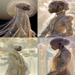 **a mythic Afrofuturist woman in a dress made of shifting quantum fabric, shimmering in colors from the Harlem Renaissance era, her sleeves trailing animated light threads, braided hair hovering in a zero-gravity halo threaded with microcircuits, silver irises glowing softly with encoded memory, translucent gloves stitched with ancestral lace patterns, standing in a temporal atelier filled with floating spools of projected fabric and ghostly clients from multiple timelines, expression calm, rim-lit silhouette in purples and golds, cinematic lighting --ar 2:3 --v 7.0 --s 350 --q 2 --p z4f83u2 --raw** - <@997245562065789039> (relaxed)
-# Create, explore, and organize on [midjourney.com](<https://midjourney.com/imagine?from_discord=1>)
