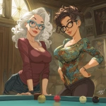 **realistic 50 year old long Curly haired blonde architect girl with blue glasses playing billiards with a 45 year old girl with short spiky brunette hair glasses and curvy hips --v 7.0** - Upscaled by <@690727352149475348> (fast)