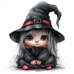 **Gothic adorable female gnome. Wearing all black ,sliver and red. Her witches hat is pulled down over her eyes. Her little button nose just peeking out from under the hat. Fine line drawing, airbrush design, watercolor, realistic cartoon rendering illustration isolated on white background --v 6.1 --s 250** - Image #4 <@807465804512886785>