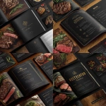 **a dark, black menu design for an elegant steakhouse, featuring an illustration of steaks and herbs, including the text "retro kitchen" in gold lettering. the restaurant's logo is displayed on one page, surrounded by images of various sides or cuts of beef against a wooden table background. a section at the bottom displays information about dressing meat to highlight its quality. this visual representation showcases the high-end ambiance of a premium dining experience.** - <@1058622562147504138> (fast)