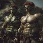 **Realistic 3d rendering. Full body portrait of two characters. ruggedly handsome, Hyper muscular handsome twin green skinned orcs, bright silver eyes, short curly redred hair, short pointed ears, defined muscles, pronounced features, hyper muscular, wide Grecian nose, strong square jaw, defined cheek bones, masculine features, freckles. Bodybuilder. wearing a tight short leather skirt. His oiled skin glistens under intense studio lighting. A strong camera flash highlights the shine on his muscles, creating bright reflections on his body, arms, and thighs. Retro fitness photography style, slightly exaggerated lighting contrast, 90s magazine aesthetic, center-framed, studio portrait shot. Standing and posing in a sunny rocky field. --ar 5:6 --v 7.0** - Image #1 <@1222981214734913607>