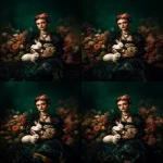 **a vogue photoshoot with frida kahlo in an enchanted garden surrounded by rabbits, wearing black , against a dark green background, with colorful flowers, in the style of hyper-realistic photography, and an editorial pose. --ar 46:61** - Zoom Out by <@267082272199409666> (fast)