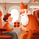 **Saint Nicholas gives a gift to a child in the airplane cabin, a cute commercial illustration in light orange white and bright red tones, adding an atmosphere of Christmas and magic** - Image #3 <@1178911175929499672>