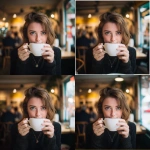 **A Headshot of a woman about twenty-eight years old in a bright and airy UK cafe. She is looking directly at the camera and about to sip froma large white coffee cup. Leave room on the front of the coffee cup for text to be overlaid.** - Zoom Out by <@1212431320798728272> (fast)