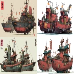 **a dnd style concept art of two feudal japan iron and wooden space pirates expedition miner-powerboats, have different number in the hull, same size but not identical, dark industrial scifi style, labeled as regular marine best units, deep red-sand color with small hi-viz green-navy hazard markings, mechanical details, Japanese characters, realistic look, moody atmosphere, a little bit foggy, signal towers, various size nobori and lanterns, small tree grouwing in the deck, big crane with giant hook, have japanese mural on the hulls, signal cabbles, floating on a white background in the style of Studio Ghibli and Makoto Shinkai, cel-shaded, full-body, cartoon, 2D game art --ar 11:5** - <@1043498067623686144> (fast)