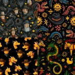 **in the style of keith herring, emojis of dragons & cowboys across a black paint canva --v 7.0** - <@727985309521805392> (fast)
