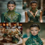 **ancient roman jewelry with small delicate carved flowers, made from polished green dolomite crystal, on the runway of a fashion show in Milan --ar 16:21 --s 750 --v 7.0** - <@1064451214823129168> (fast)