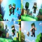 **one minecraft character is standing on one block, the block is flying in the air, the air and the whole background is bright blue and empty Minecraft style, --cref <https://s.mj.run/qaHcA6UT4l4> --ar 16:9 --v 6.1** - <@1078550585051205643> (fast)