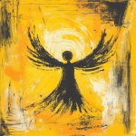 **Music graphic design block print with crayon / brushstrokes. Depicting an image of angel love, sun shining down. The overall style is very abstract and minimalist tribal with a lot of energy --v 6.1** - Image #1 <@886913816171008040>