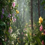 **A hyper-realistic image of a lush, green forest during gentle rain. The forest is filled with broad-leaved trees and vibrant blooming flowers in various colors pink, purple, yellow, and white. The leaves glisten with raindrops, and petals are slightly wet. Mist rises gently from the forest floor, and soft ambient light filters through the canopy. Raindrops are falling delicately, some caught midair. The atmosphere is serene and magical, like a hidden paradise. Realistic lighting, 85mm DSLR photo, cinematic mood, natural soft focus, shallow depth of field. --ar 16:9** - Image #4 <@966716359268499528>