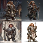 **a female dwarf warrior wearing master-craft mithril armor, she has one clockwork mechanical arm, standing in the dwarven king's court, D&D fantasy character art** - <@758604467146588180> (fast)