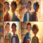 **a medium shot of two realistic illustrated happy 8-year-old students from America, they have a well-defined noses and well-defined jawlines, the first student is an African American male with light brown eyes and very short black hair, the second student is a dark African American male with light brown eyes and curly black hair, they stand with their head and neck and shoulders completely square to the camera and facing forward, their entire body is facing forward, they wear backpacks, they have large headphones on their head, they stand in a library, it is daytime, the sun is shining bright, high-definition, anime-style, --ar 16:9 --niji 6** - <@1065025086664474674> (relaxed)