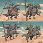 **Knight of Wands tarot card in the style of yoshitaka amano. The image depicts an armored knight on horseback holding a wooden staff with his right hand, wearing a tunic with patterned pants. The background is desert dunes. The illustration is painted in a pastel color palette, ink wash technique, bold lines, high contrast , hatching drawing, like characters from genshin impact. --ar 7:12** - Variations (Strong) by <@409716268476923920> (fast)