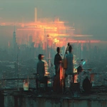 **Harlem Renaissance glitch art tribute: rooftop jazz trio at dusk, instruments glowing through corrupted digital overlays, broken signal waves fragmenting the city skyline, visual harmony through dissonance. Cinematic glitch effect, symbolic modern tribute --ar 16:9 --stylize 200 --v 7.0 --raw** - Image #4 <@933216386669506640>