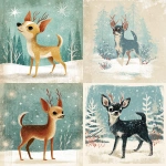 **A Chihuahua (from the reference image) illustrated in a retro mid-century Christmas style, depicted as a young reindeer with antlers in a snowy winter scene. Soft vintage textures, hand-painted look, nostalgic holiday aesthetic, classic 1950s Christmas card illustration style** - <@776899577458589780> (fast)
