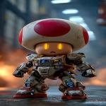 **a cute mushroom-headed character inspired by Kinopio, wearing a futuristic robot armor inspired by classic mecha anime, detailed white and red plated suit with blue highlights, glowing visor, heroic pose, standing in front of a smoky battlefield or launch hangar, dramatic anime lighting, dynamic background, high detail, mecha anime style --v 7.0 --ar 9:16 --oref <https://s.mj.run/dgfYBTKPdkw> --ow 200** - Image #3 <@1112784568303497357>