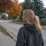 **Blonde woman walking down a sidewalk, lower-middle class neighborhood and forest in the background, she wears a hoodie, fall weather, side view of the woman** - Image #3 <@1014234226171858944>