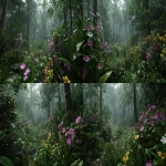 **A hyper-realistic image of a lush, green forest during gentle rain. The forest is filled with broad-leaved trees and vibrant blooming flowers in various colors pink, purple, yellow, and white. The leaves glisten with raindrops, and petals are slightly wet. Mist rises gently from the forest floor, and soft ambient light filters through the canopy. Raindrops are falling delicately, some caught midair. The atmosphere is serene and magical, like a hidden paradise. Realistic lighting, 85mm DSLR photo, cinematic mood, natural soft focus, shallow depth of field. --ar 16:9** - Variations (Strong) by <@966716359268499528> (fast)