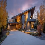 **front driveway view of a soft modern house with sloped metal roof --ar 16:9** - Image #4 <@409035117881982988>