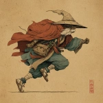 **male goliath monk, wearing a cloak and wizard hat, running, in old japanese art style** - Image #2 <@324026080451100683>