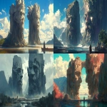 **Two colossal ancient monochronolith titans Faces, side profile, looking each other, made of rock standing upon either side of a river. Similar to Argonath, also known as the Gates of Argonath or Pillars of Kings in Lord of the Rings. Cinematic --ar 16:9 --niji 6** - <@1054482006731395092> (fast)