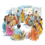 **An Indian jewellery factory workplace scene showing HR-led change management. Employees in sarees and uniforms gathered in a workshop, listening and engaging with empathy, symbolizing emotional barrier resolution. Managers and union leaders sitting together in transparent dialogue, shaking hands to build trust. Workers participating actively, pointing at charts and plans, symbolizing inclusion and ownership as co-creators. A small group celebrating with claps, recognition boards, and weekly update charts pinned on walls, symbolizing celebrating small wins. Pen-and-ink illustration, detailed linework, colorscale shading, white background, uplifting and collaborative mood.** - Image #2 <@1161879354951880775>