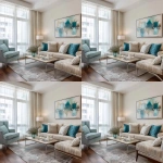 **interior design of a model unit showing the living area in french country style. walnut wood floor. light brown 3-seater sofa. teal, light blue and beige throw pillows. french provincial lounge chairs. sheer white curtains. artwork with teal still life painting, modern gray area rug, abstract painting in teal and white, light rustic brown wood, metal legs for the lounge chairs, oak wood legs --v 7.0** - Variations (Region) by <@1231814052913877045> (fast)