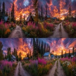 **vibrant wildflower garden along a rural dirt road at golden hour, dramatic fiery sunset sky with glowing magenta, orange, and purple clouds, cozy rustic cabins with reflective windows, surrounded by tall birch and pine trees, wide-angle lens, surreal lighting, vivid color saturation, deep shadows, cinematic scene, style photographic --v 7.0 --ar 16:9 --q 2** - <@876267919003238460> (fast)
