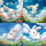 **A colorful and bright fairytale-style illustration, a large cute white rabbit smiling and hopping in the center, background with blue sky and fluffy clouds, green meadow with blooming flowers at the bottom, soft watercolor texture, gentle line art, cheerful and warm, in the style of a Japanese children's picture book cover, square format, suitable for a music album jacket** - <@1212945075831836692> (relaxed)