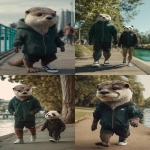 **Hyper-realistic cinematic photograph of a male otter animal the male otter is wearing a dark pine green nike windbreaker zipped up all the way and black nike running shorts and all white nike sneakers walking alongside a short latina female black and white panda with a female black and white panda head and short brown latina skin the short female panda is wearing a black nike windbreaker jacket and black shorts and all black low top VANS sneakers shoes walking around a park full of oak trees along a teal green rivers edge of a park --v 7.0 --aspect 2:3** - <@836732642534752269> (fast)