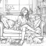 **a black and white colouring page for teenagers, clean outlines, a beautiful girl sitting and drawing on her couch surrounded by her lid of puppies, cozy living room, 8x8 inch, simplistic --v 6.0** - Image #1 <@1096775278010835044>