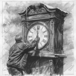 **pencil sketch, black and white, square composition, surreal metaphorical artwork, an old-fashioned grandfather clock with its large clock-hand being grabbed and pulled backwards by a young handsome investor 25 years old, symbolic of founder vesting reset and time stolen back, sketchbook style, visible pencil strokes, crosshatching, high contrast, dramatic and thought-provoking --ar 1:1 --v 6.0 --raw** - Image #4 <@1050631111002296333>