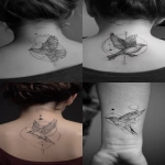 **tattoo of a bird flying with feathers, geometric line art tattoo on the skin from the neck to the back, with a small circle and dot around it. --ar 1:2** - <@241887161421529090> (fast)
