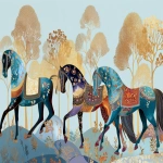 **horses in the style of matisse and chagall, decorated with islamic patterns, walking side by side, each horse wearing colorful silks on its back. the background is a light blue with golden trees. --ar 3:2** - Image #2 <@978006358924353536>