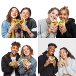 **two students happily eating kebab wraps, photo, white background** - <@1019171884983648307> (fast)