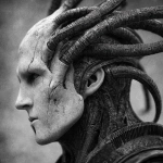 **black and white photograph / of a ripped alien man / infused with massive biomechanical tendrils / etched with intricate textures / heavy industrial aesthetics / dark futuristic fantasycore / eerie / foreboding / grainy / gritty / grungy / macabre / menacing / mysterious / ominous / phantasmagorical / strange / uncanny** - Image #3 <@1080572898269466724>