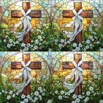 **<https://s.mj.run/fvSw11CxcvE> A highly realistic stained glass artwork featuring a rustic wooden cross wrapped in a flowing white cloth. The background glows with luminous pastel mosaic glass panels in warm hues of peach, yellow, and soft blue. At the bottom of the scene, a lush garden of flowers is the centerpiece large, beautifully detailed white blossoms are prominently displayed, interspersed with many smaller delicate white flowers and rich green foliage. Each flower and leaf is rendered in glossy stained glass with crisp black outlines, reflecting natural sunlight to enhance the vivid, divine atmosphere. --cref <https://s.mj.run/fvSw11CxcvE> --s 750 --q 2 --v 6.1** - Variations (Subtle) by <@437658373576720385> (fast)