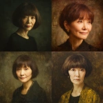 **Ms. Kikuko Matsushita, a Japanese woman in her early 60s. Her hair is short for a woman, brown with evenly trimmed bangs. She has a sharp, intense gaze, yet her eyes soften into a gentle, wry smile. She is quite slender but short in stature. Portrait. Oil painting style.** - <@1105655477741813870> (fast)
