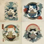 **Ukiyo-e Japanese woodblock print style, portrait composition, centered charming cat eating a bowl of ramen noodles, Edo period illustration influence, bold clean ink outlines, flat layered colors, limited traditional Japanese palette, stylized steam rising vertically, decorative wave and cloud motifs framing the subject, washi paper texture, subtle grain, vintage woodblock aesthetic, high contrast, clean silhouette for apparel design, no background clutter, t-shirt graphic ready --ar 1:1** - <@409716268476923920> (fast)