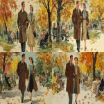 **a vintage illustration of an american couple in love, walking hand-in-hand through the park on a fall day with colorful leaves falling around them. the man is wearing a brown overcoat and black shoes, while the woman wears a long coat with a blue top underneath it and a hat. they both have happy expressions. in the background, there are people sitting on benches and trees with autumn foliage. --ar 64:35 --v 7.0** - <@1142201622697623682> (fast)